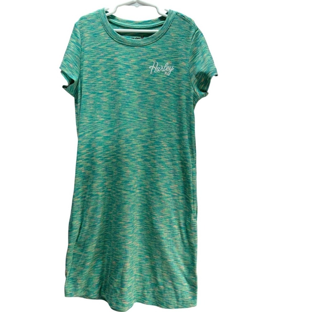 Hurley T-Shirt Dress Girls 10/12 Green Summer Ribbed Knit Short Sleeve Pockets